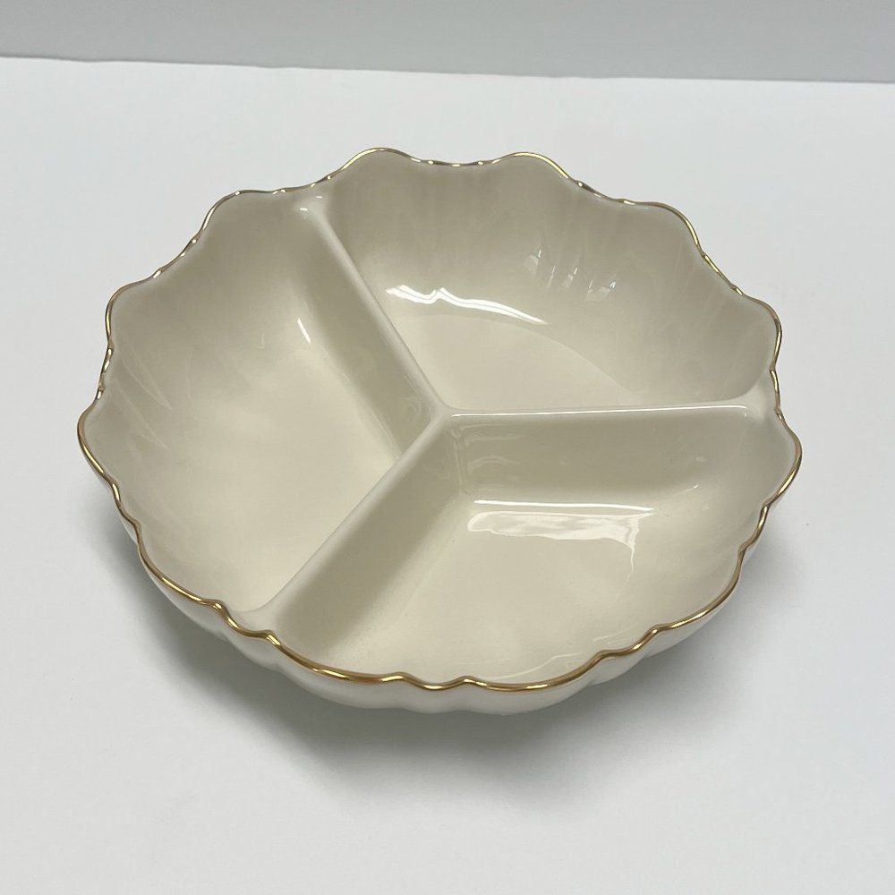 Lenox Ivory Symphony 24K Gold Trim Three Divided Candy Dish Round Dish